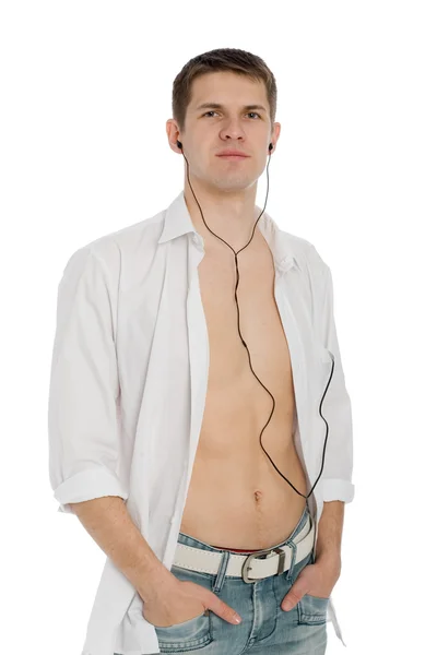 Portret przystojny facet ze słuchawkami — Zdjęcie stockowe