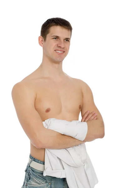 Smiling guy with shirtless in jeans. — Stock Photo, Image