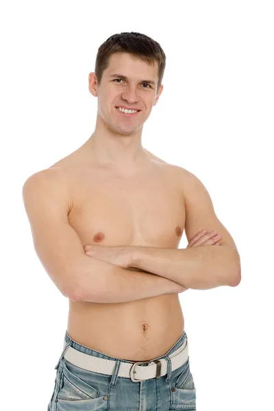 Χαμογελαστός τύπος με shirtless με τζιν. — Φωτογραφία Αρχείου