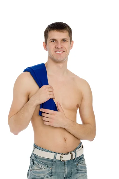 Smiling guy with shirtless in jeans. — Stock Photo, Image