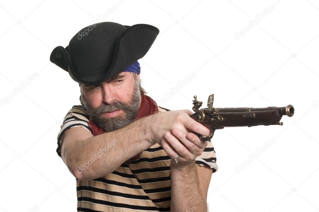 Pirate in tricorn hat with a musket