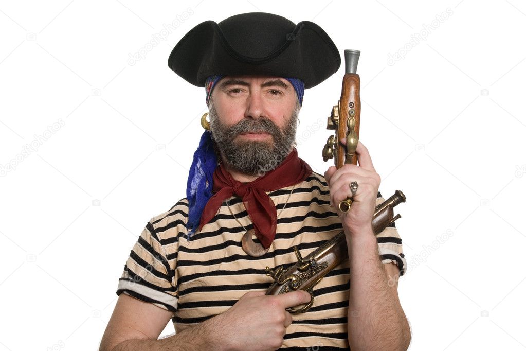Bearded pirate in tricorn hat with a muskets.