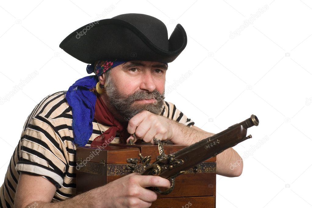 Pirate with a musket holding a chest