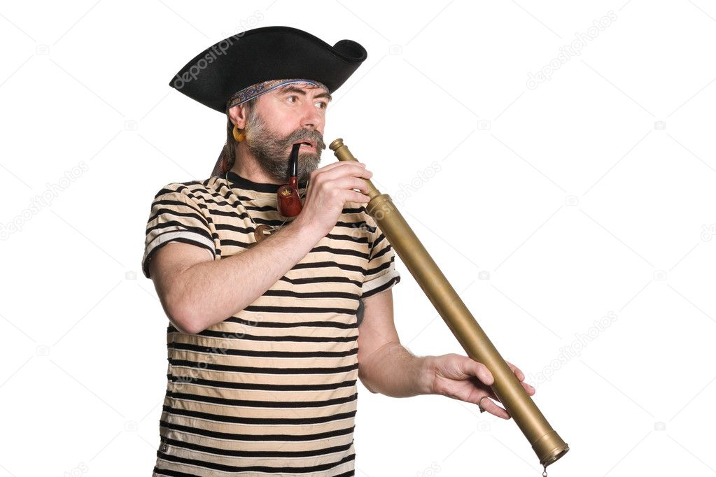 Pirate holds a telescope and smokes a pipe.