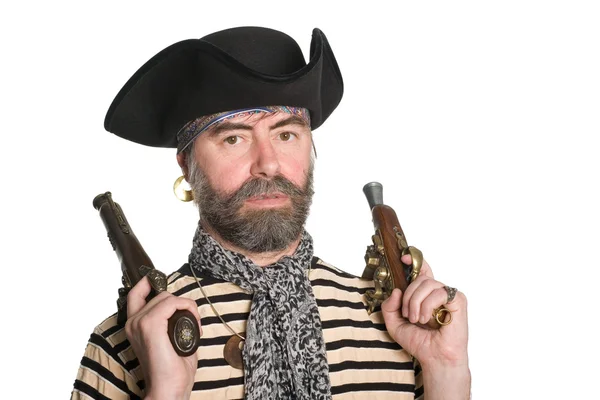 stock image Pirate in tricorn hat with a muskets