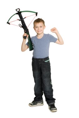 Joyful boy holding a crossbow clipart