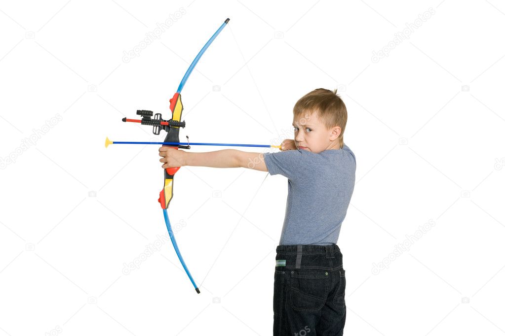 Blonde boy shoot from the crossbow