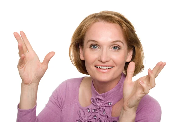 Vrouw vrolijk met zijn handen gebaren — Stockfoto
