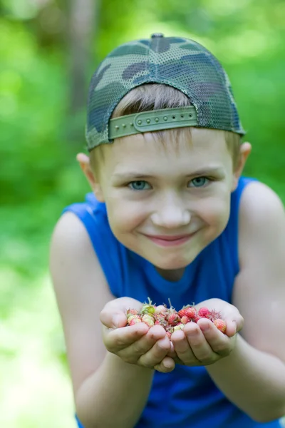 Menino alegre segurando um morango selvagem — Fotografia de Stock