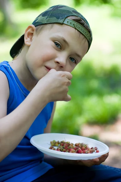 Menino comendo morangos selvagens — Fotografia de Stock