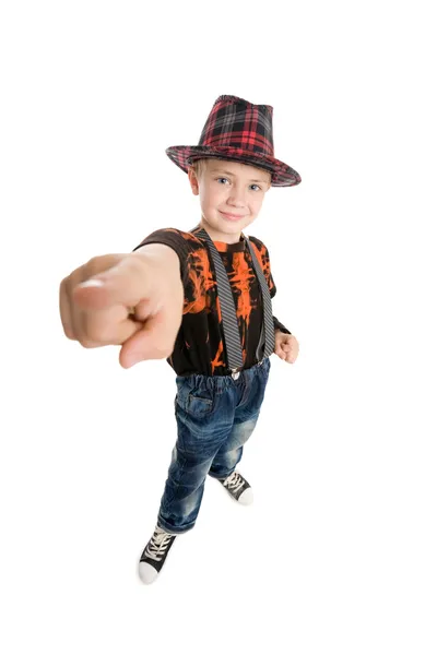 Junge zeigt Zeigefinger — Stockfoto