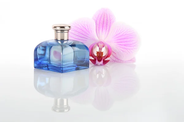 Parfym flaska och orkidé blomma — Stockfoto