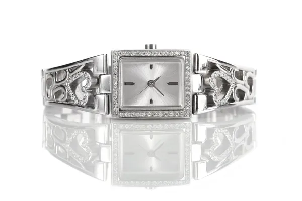 女性银色腕表与钻石 — 图库照片