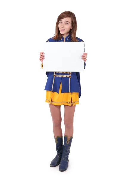 Teen majorette segurando papel branco em branco — Fotografia de Stock