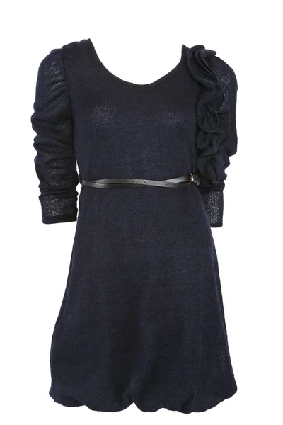 Blauwe wol jurk met riem — Stockfoto