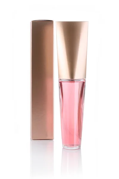 Elegant perfume bottle with golden perfume box — Stock Photo, Image