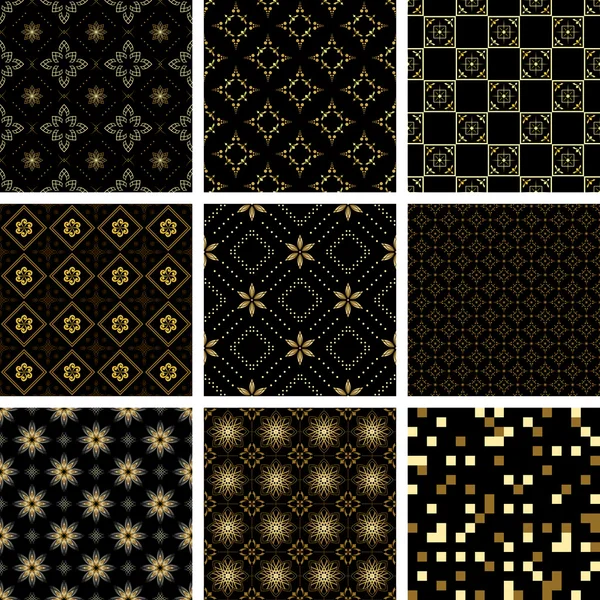 Set of vector black geometric seamless textures with golden el — Stock Vector