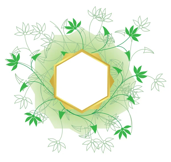 Marco dorado vectorial con centro blanco y plantas verdes — Vector de stock