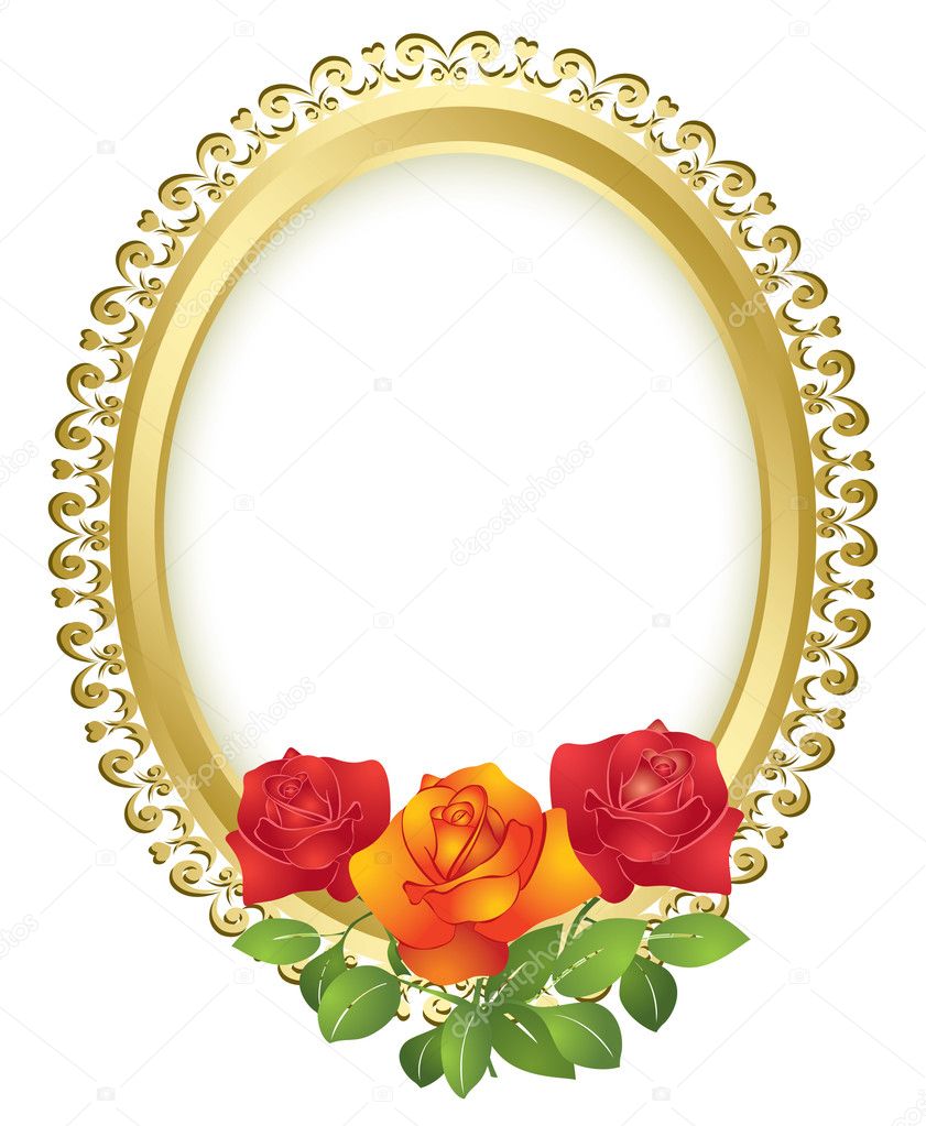Oval golden frame with roses - vector