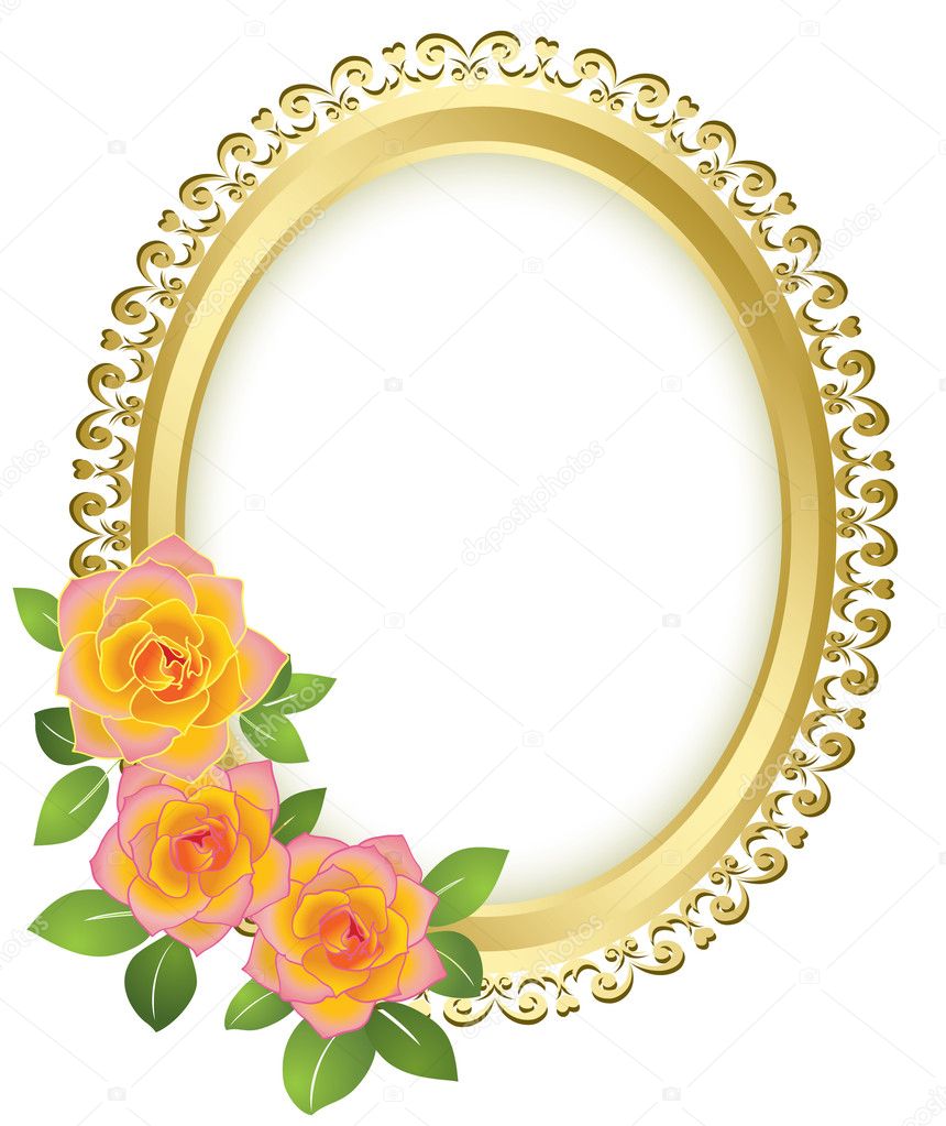 Golden oval frame with flowers - vector