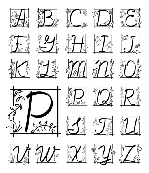 Alfabeto floral inglés vectorial - letras negras en marco — Archivo Imágenes Vectoriales
