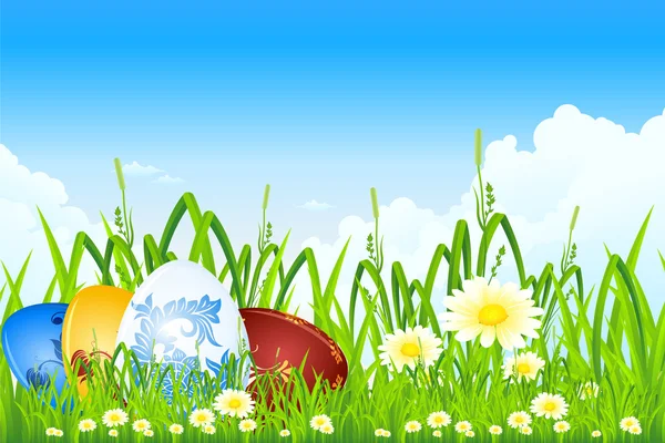 Huevos de Pascua en la hierba — Vector de stock