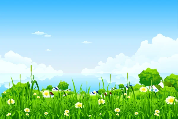 Paesaggio verde con nuvole — Vettoriale Stock
