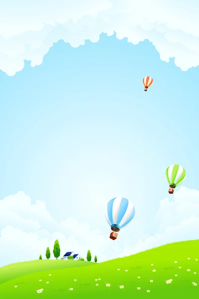 Paisaje verde con globos de aire caliente — Vector de stock