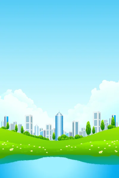 Paysage vert avec ville et lac — Image vectorielle