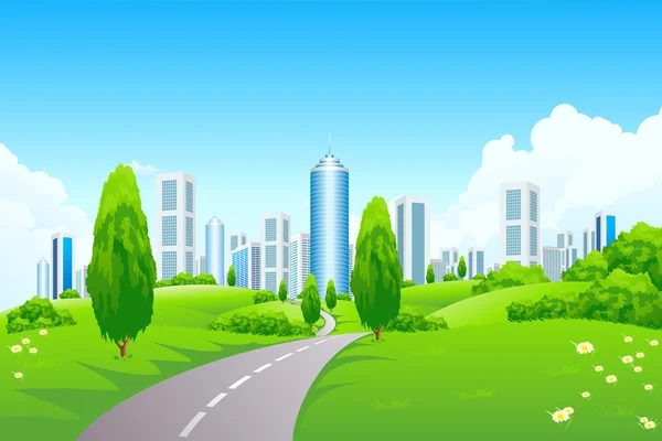 Grönt landskap med staden — Stock vektor