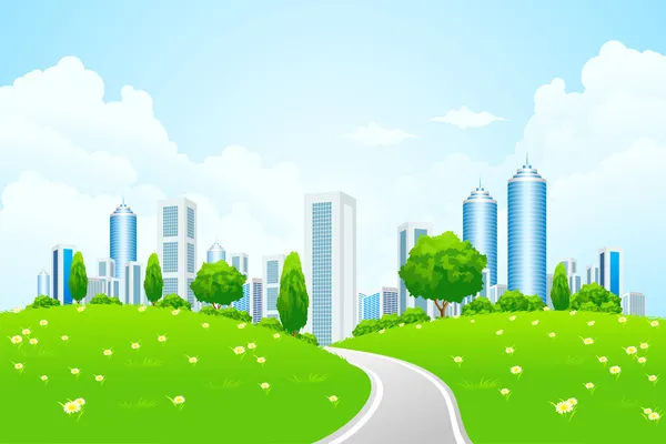 Grönt landskap med staden — Stock vektor