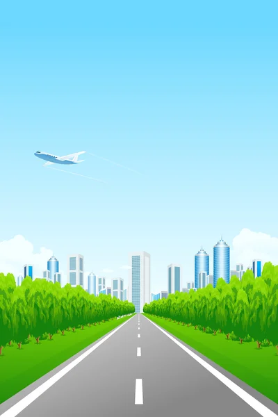 Green landscape with city and road — Stock Vector