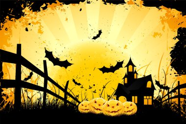 Grungy Halloween background with pumpkins and bats clipart