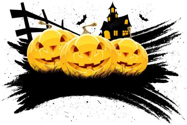 Grungy Halloween background with pumpkins house and bats clipart