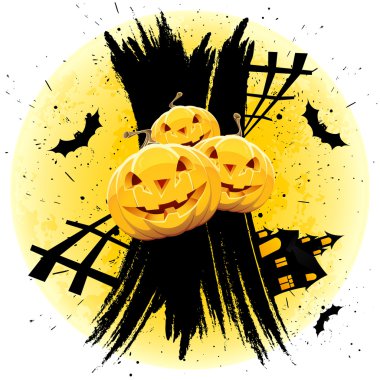 Grungy Halloween background with pumpkins house and bats clipart