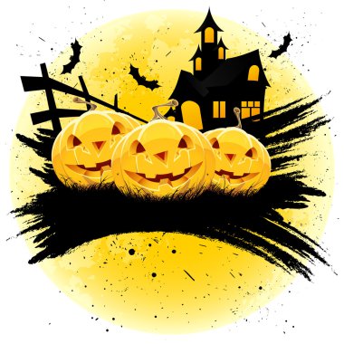 Grungy Halloween background with pumpkins house and bats clipart