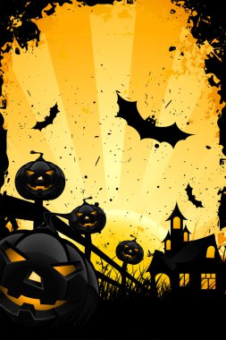 Grungy Halloween background with pumpkins and bats clipart