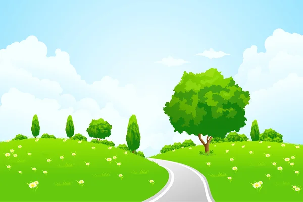 Paisagem verde com estrada de árvore de colina e flores — Vetor de Stock