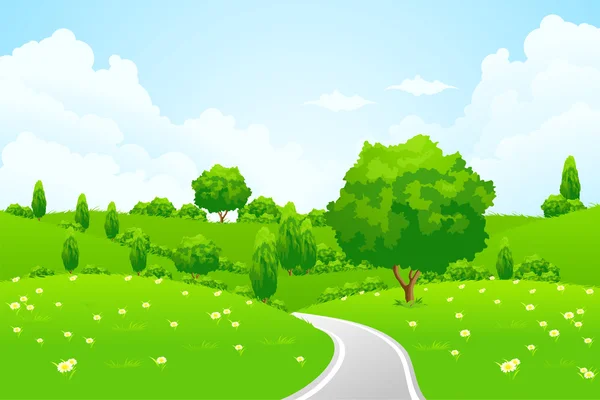 Καταπράσινο τοπίο με λόφο tree road και λουλούδια — Διανυσματικό Αρχείο