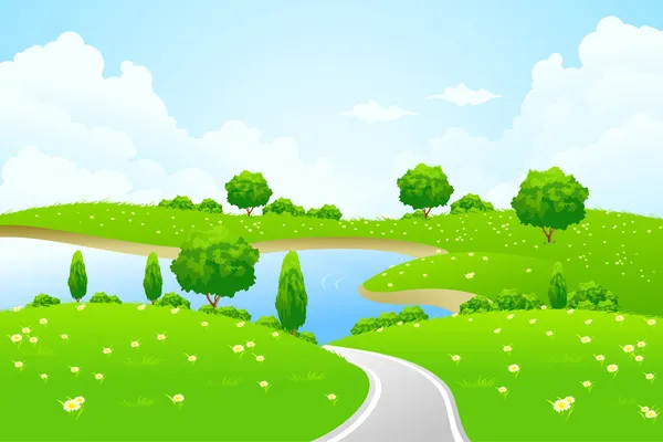 Зеленый ландшафт с озерной дорогой и цветами — стоковый вектор