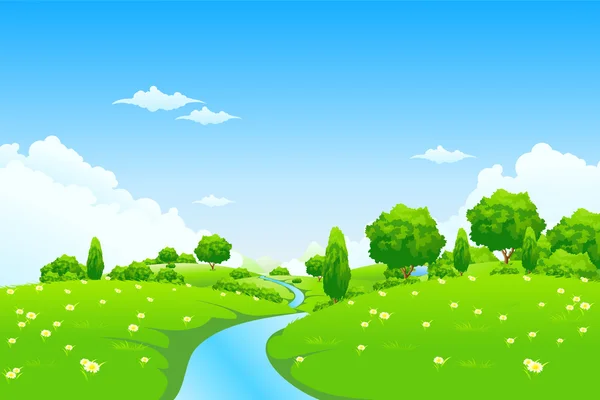 Zelená krajina s řekou stromy a květiny — Stockový vektor