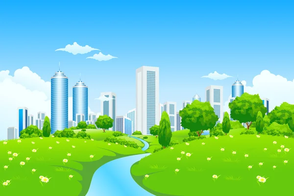Grüne Landschaft mit Stadt — Stockvektor