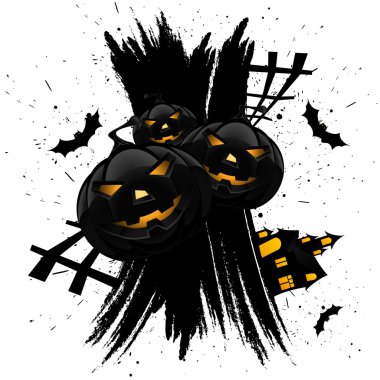 Grungy Halloween background with pumpkins house and bats clipart