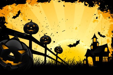 Grungy Halloween background with house pumpkins and bats clipart