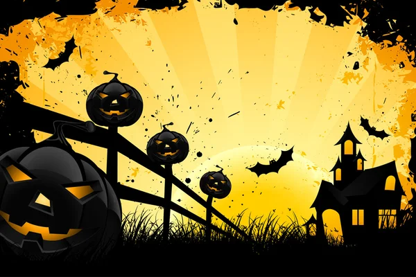 Grungy fond d'Halloween avec des citrouilles de maison et des chauves-souris — Image vectorielle