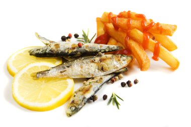 Grilled sardine fish and french fries clipart