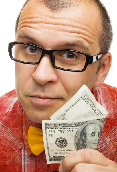 Volwassen man bedrijf honderd dollar bill — Stockfoto