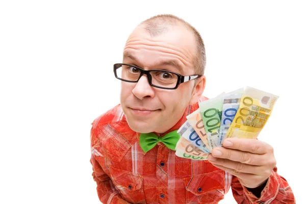 Człowiek gospodarstwa europejskich pieniędzy — Zdjęcie stockowe