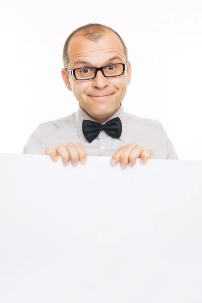 Uomo d'affari sorridente con il bordo bianco di informazioni — Foto Stock