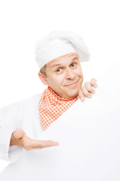Lachende chef-kok met wit bord — Stockfoto